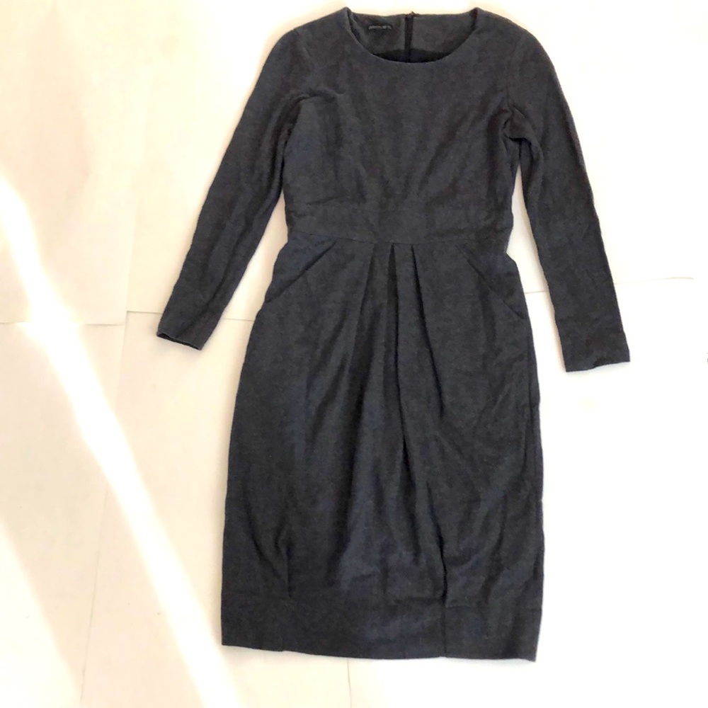 LAFAYETTE 148 4 Dress Dark Grey Wool Long Sleeve Pockets Zipper Back Excellent